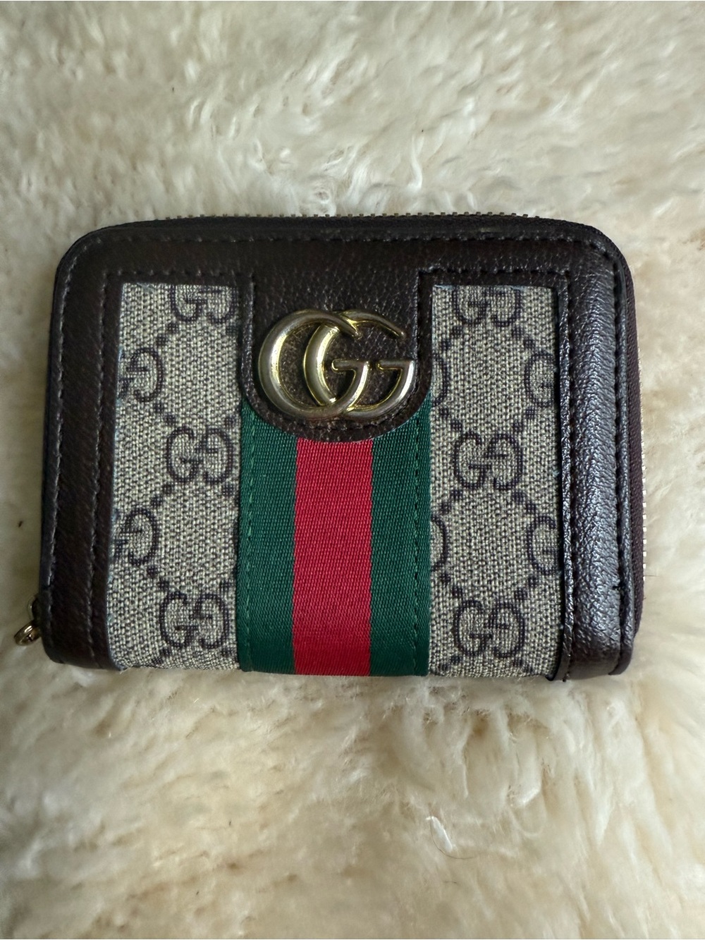 Gucci Brown Canvas Zip Card Holder with Green & Red Web Stripe